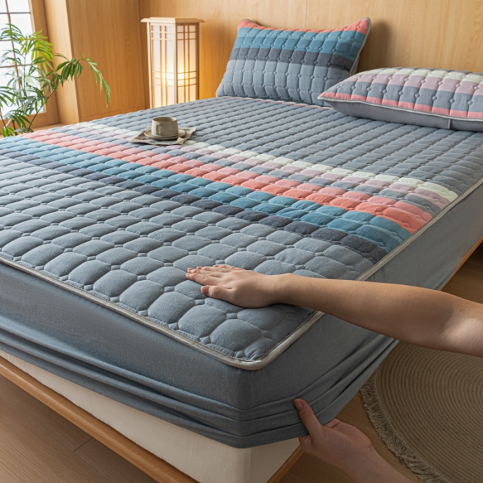 91家纺网 家纺一手货源 找家纺 卡伦 2025新款A类纯棉水洗棉夹棉床笠 彩虹条