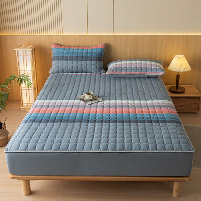 91家纺网 家纺一手货源 找家纺 卡伦 2025新款A类纯棉水洗棉夹棉床笠 彩虹条