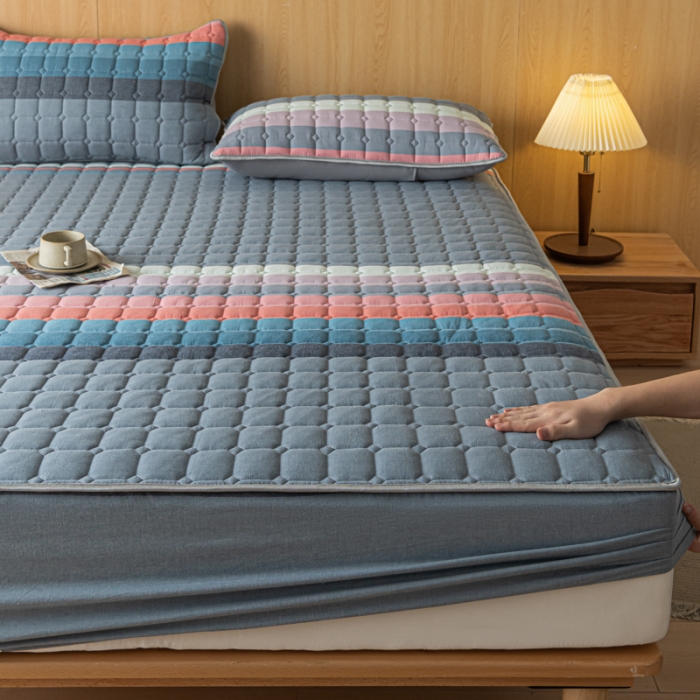 91家纺网 家纺一手货源 找家纺 卡伦 2025新款A类纯棉水洗棉夹棉床笠 彩虹条