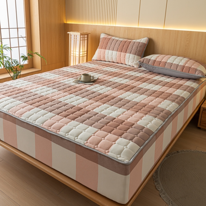 91家纺网 家纺一手货源 找家纺 卡伦 2025新款A类纯棉水洗棉夹棉床笠 粉大格