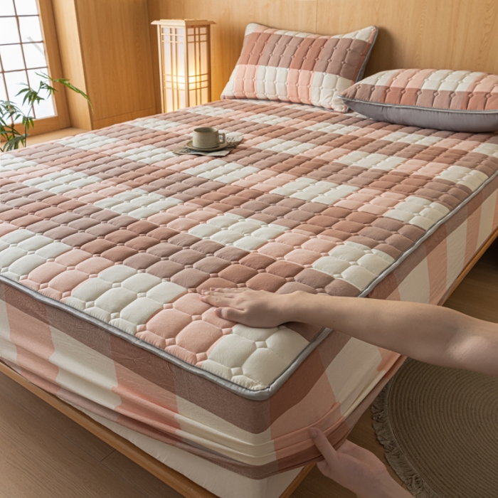 91家纺网 家纺一手货源 找家纺 卡伦 2025新款A类纯棉水洗棉夹棉床笠 粉大格