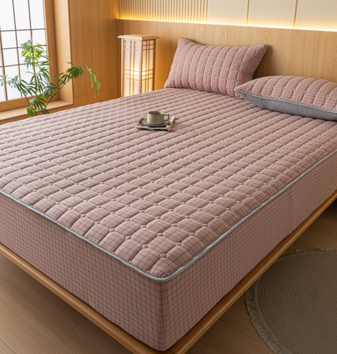 91家纺网 家纺一手货源 找家纺 卡伦 2025新款A类纯棉水洗棉夹棉床笠 粉小格