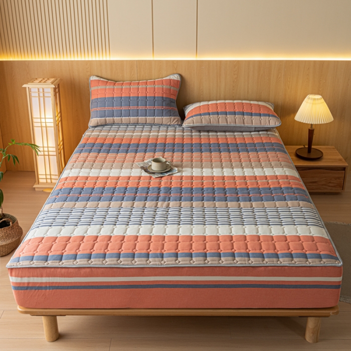 91家纺网 家纺一手货源 找家纺 卡伦 2025新款A类纯棉水洗棉夹棉床笠 格兰咖条