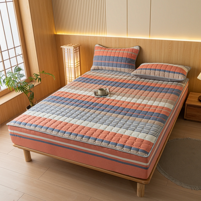 91家纺网 家纺一手货源 找家纺 卡伦 2025新款A类纯棉水洗棉夹棉床笠 格兰咖条