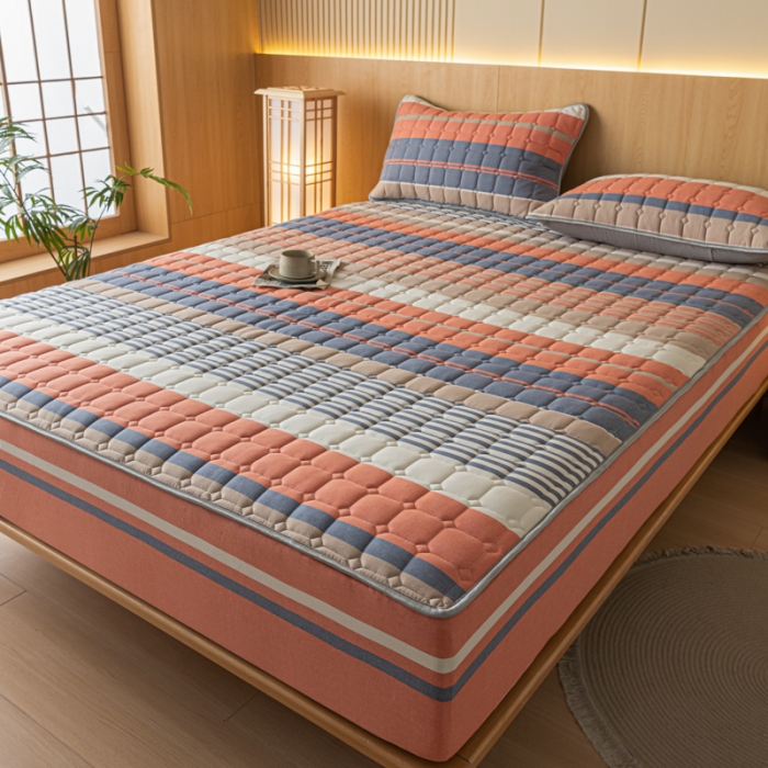 91家纺网 家纺一手货源 找家纺 卡伦 2025新款A类纯棉水洗棉夹棉床笠 格兰咖条