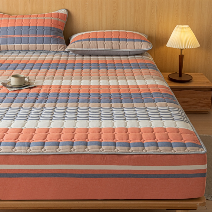 91家纺网 家纺一手货源 找家纺 卡伦 2025新款A类纯棉水洗棉夹棉床笠 格兰咖条