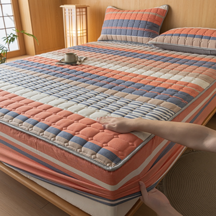 91家纺网 家纺一手货源 找家纺 卡伦 2025新款A类纯棉水洗棉夹棉床笠 格兰咖条