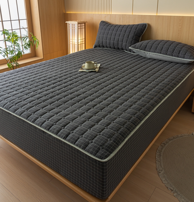 91家纺网 家纺一手货源 找家纺 卡伦 2025新款A类纯棉水洗棉夹棉床笠 灰小方格