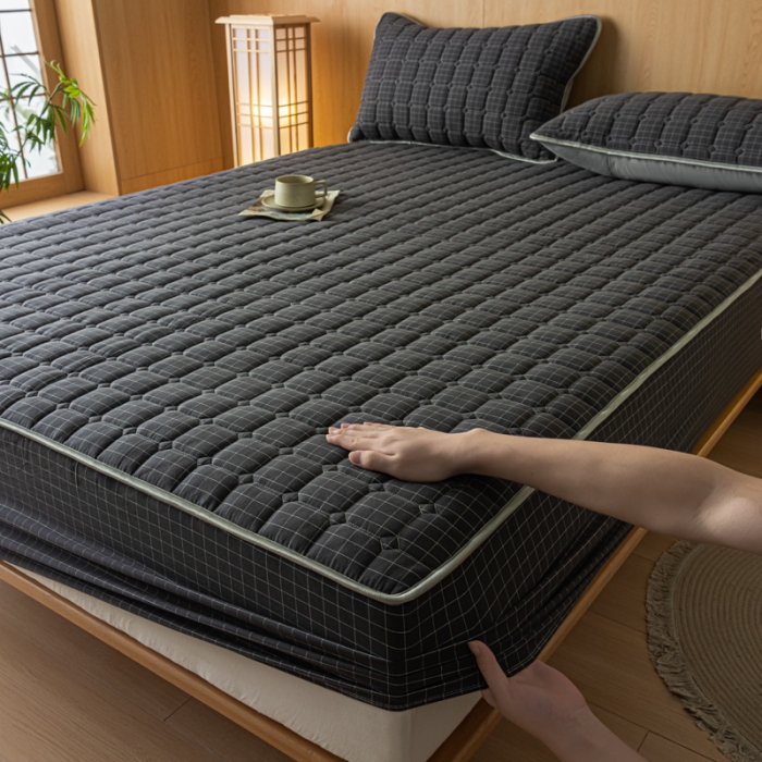 91家纺网 家纺一手货源 找家纺 卡伦 2025新款A类纯棉水洗棉夹棉床笠 灰小方格