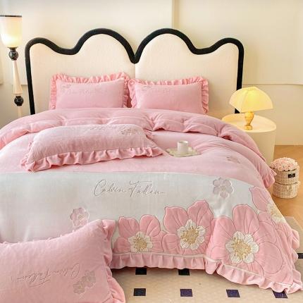 可以家居 2023新款高克重全消光绣花四件套-艾薇儿 艾薇儿-公主粉