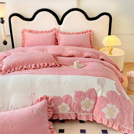 可以家居 2023新款高克重全消光绣花四件套-艾薇儿 艾薇儿-粉豆沙