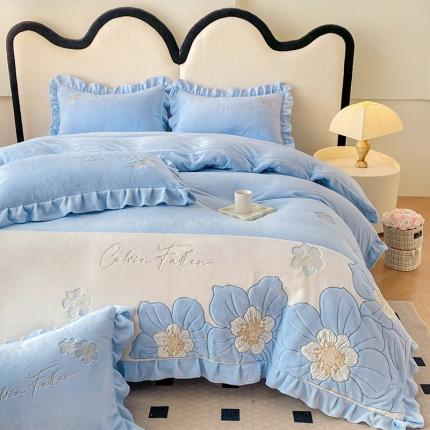 可以家居 2023新款高克重全消光绣花四件套-艾薇儿 艾薇儿-梵星蓝