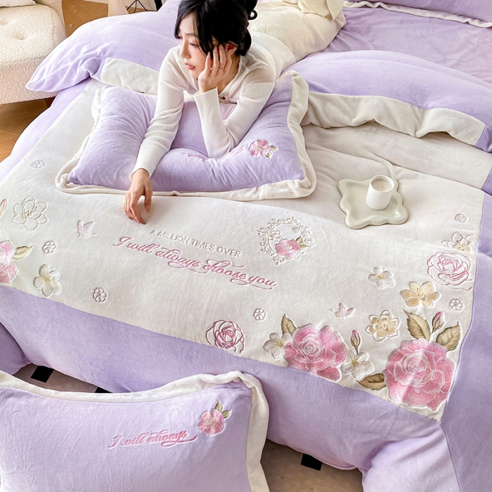 91家纺网 家纺一手货源 找家纺 可以家居 2023新款高克重全消光绣花四件套-伊芙琳 伊芙琳-蔷薇紫