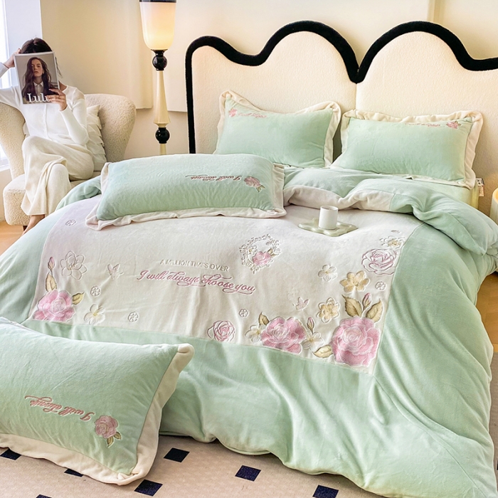 91家纺网 家纺一手货源 找家纺 可以家居 2023新款高克重全消光绣花四件套-伊芙琳 伊芙琳-新芽绿