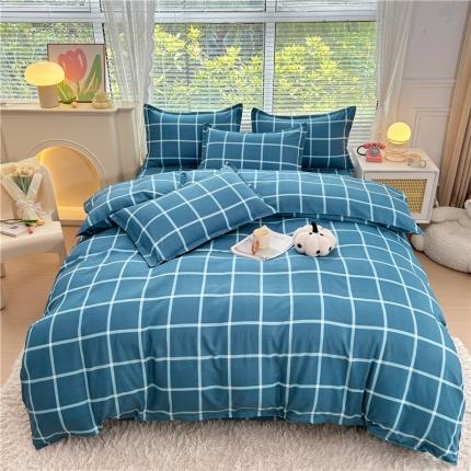 91家纺网 家纺一手货源 找家纺 曼璐 2026直播爆款植物羊绒四件套加厚斜纹磨毛被套套件 蓝灰格