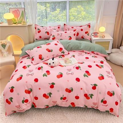 91家纺网 家纺一手货源 找家纺 曼璐 2025直播爆款植物羊绒四件套加厚斜纹磨毛被套套件 樱桃熊