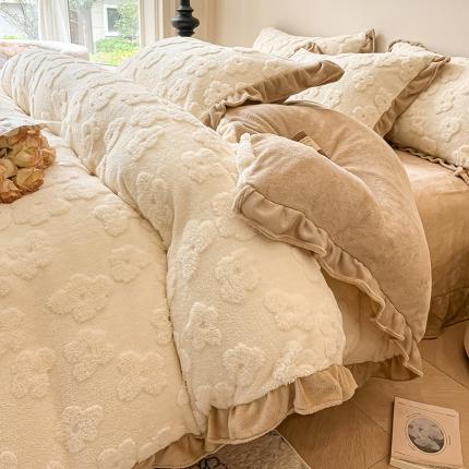 91家纺网 家纺一手货源 找家纺 (总) 芯贝儿 2024款小清新花边加厚保暖牛奶绒毛巾绣花宝宝绒雕花绒法莱绒四件套