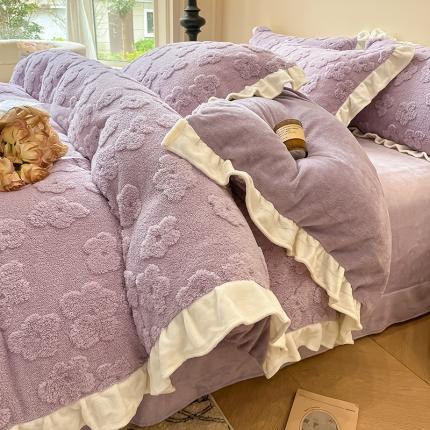 91家纺网 家纺一手货源 找家纺 芯贝儿 2024款小清新花边加厚保暖牛奶绒毛巾绣花宝宝绒雕花绒法莱绒四件套 莫奈花园--香芋紫