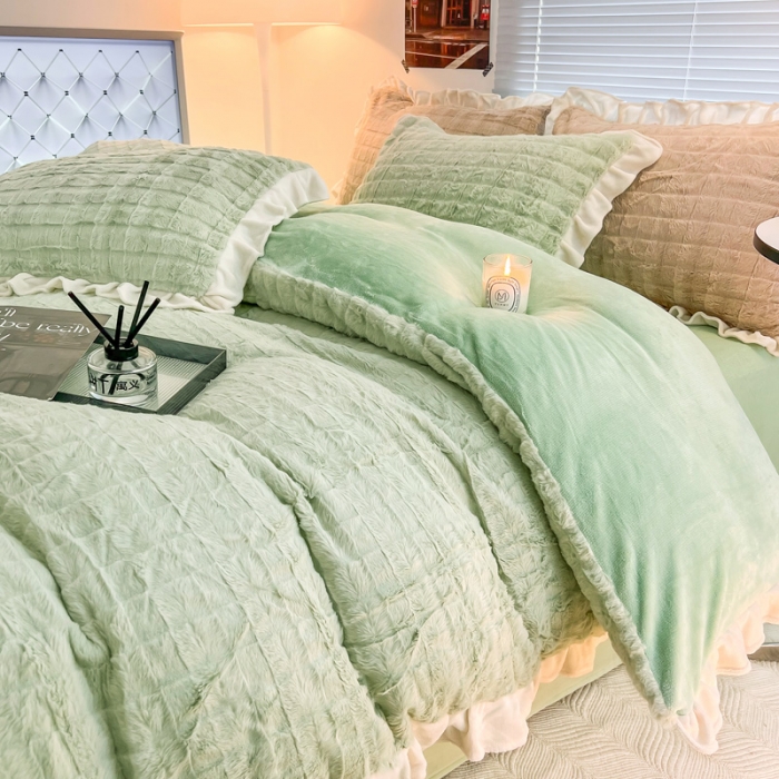 91家纺网 家纺一手货源 找家纺 总金爱家 2023新款全消光牛奶绒A类纯色獭兔毛绒立体牛奶绒四件套