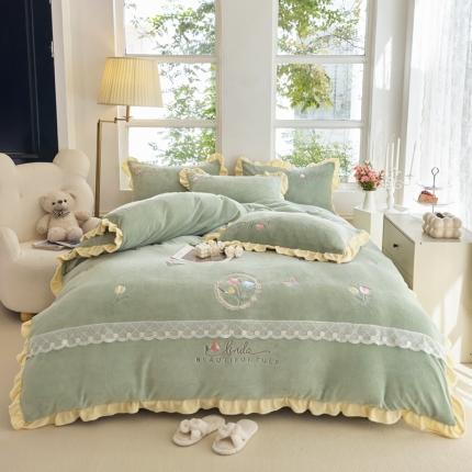 91家纺网 家纺一手货源 找家纺 卡初 2023新款牛奶绒花影系列绣花四件套 花影--香草绿