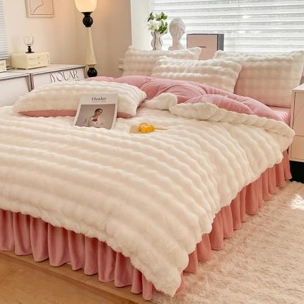 91家纺网 家纺一手货源 找家纺 逸尚阁 2024新款加厚泡泡兔绒四件套 奶白粉