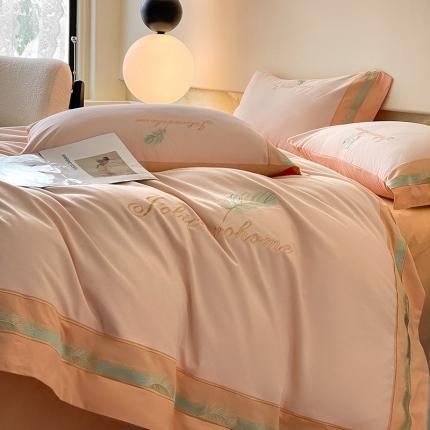 91家纺网 家纺一手货源 找家纺 爱妮菲A类母婴级加厚纯棉磨毛四件套全棉刺绣床笠款轻奢风床上用品 羽瑞-白桃