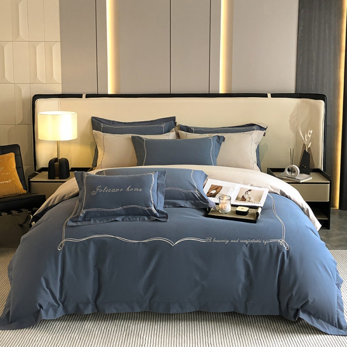 91家纺网 家纺一手货源 找家纺 【A类母婴级】加厚保暖纯棉磨毛全棉四件套轻奢风刺绣纯色简约新疆长绒棉 爱丁堡-海因蓝