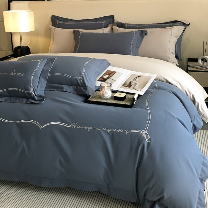 91家纺网 家纺一手货源 找家纺 【A类母婴级】加厚保暖纯棉磨毛全棉四件套轻奢风刺绣纯色简约新疆长绒棉 爱丁堡-海因蓝