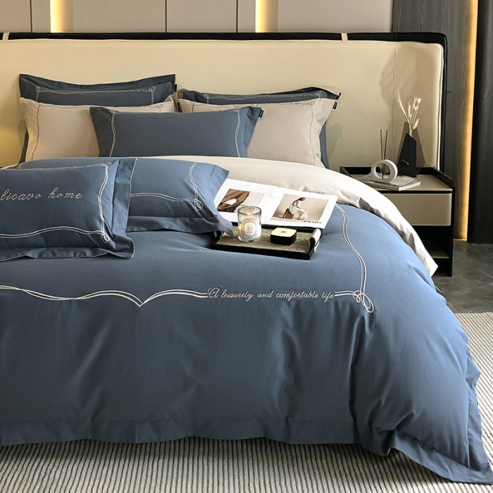 91家纺网 家纺一手货源 找家纺 【A类母婴级】加厚保暖纯棉磨毛全棉四件套轻奢风刺绣纯色简约新疆长绒棉 爱丁堡-海因蓝