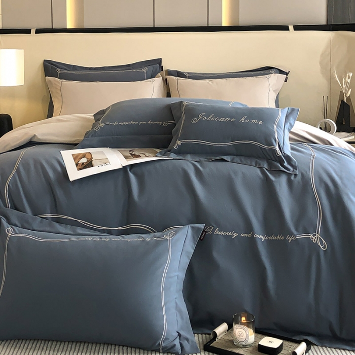 91家纺网 家纺一手货源 找家纺 【A类母婴级】加厚保暖纯棉磨毛全棉四件套轻奢风刺绣纯色简约新疆长绒棉 爱丁堡-海因蓝