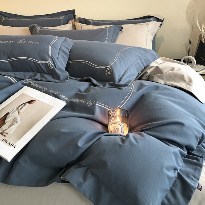 91家纺网 家纺一手货源 找家纺 【A类母婴级】加厚保暖纯棉磨毛全棉四件套轻奢风刺绣纯色简约新疆长绒棉 爱丁堡-海因蓝