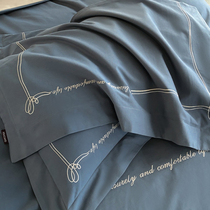 91家纺网 家纺一手货源 找家纺 【A类母婴级】加厚保暖纯棉磨毛全棉四件套轻奢风刺绣纯色简约新疆长绒棉 爱丁堡-海因蓝