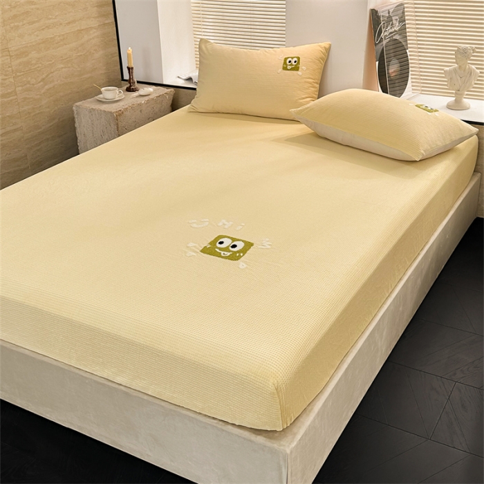 91家纺网 家纺一手货源 找家纺 洋铭区（原狠狠爱）2023新款华夫格单品绒床笠 华夫格 暖黄