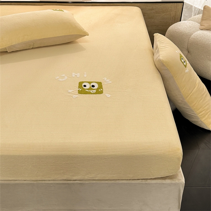 91家纺网 家纺一手货源 找家纺 洋铭区（原狠狠爱）2023新款华夫格单品绒床笠 华夫格 暖黄