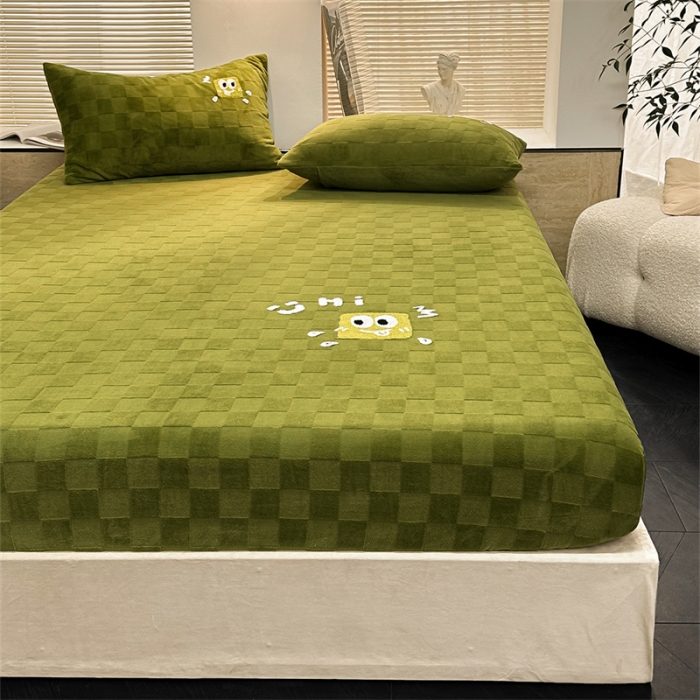 91家纺网 家纺一手货源 找家纺 洋铭区（原狠狠爱）2023新款华夫格单品绒床笠 清格 绿