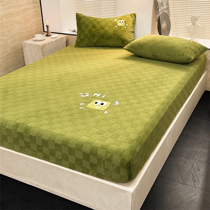 91家纺网 家纺一手货源 找家纺 洋铭区（原狠狠爱）2023新款华夫格单品绒床笠 清格 绿