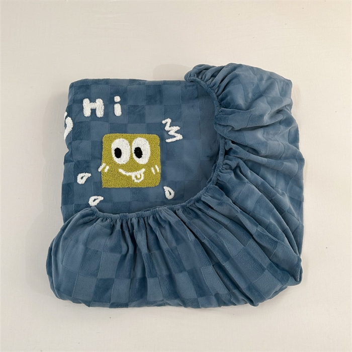 91家纺网 家纺一手货源 找家纺 洋铭区（原狠狠爱）2023新款华夫格单品绒床笠 清格 蓝