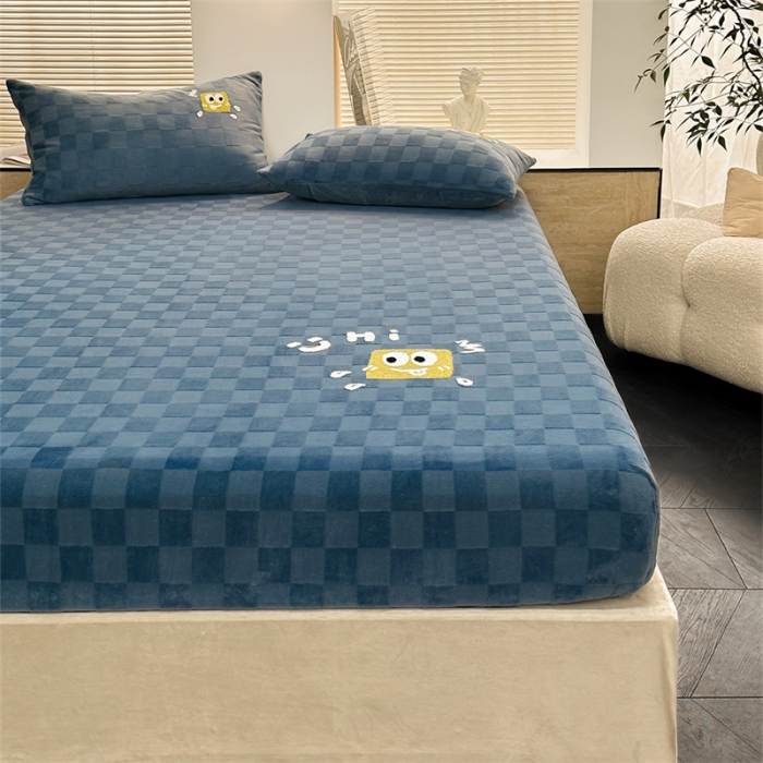 91家纺网 家纺一手货源 找家纺 洋铭区（原狠狠爱）2023新款华夫格单品绒床笠 清格 蓝