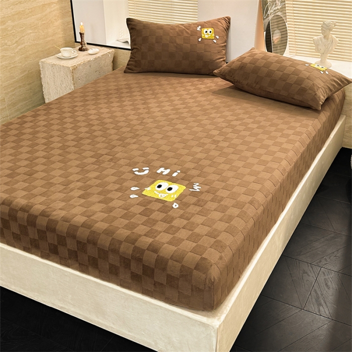 91家纺网 家纺一手货源 找家纺 洋铭区（原狠狠爱）2023新款华夫格单品绒床笠 清格 咖