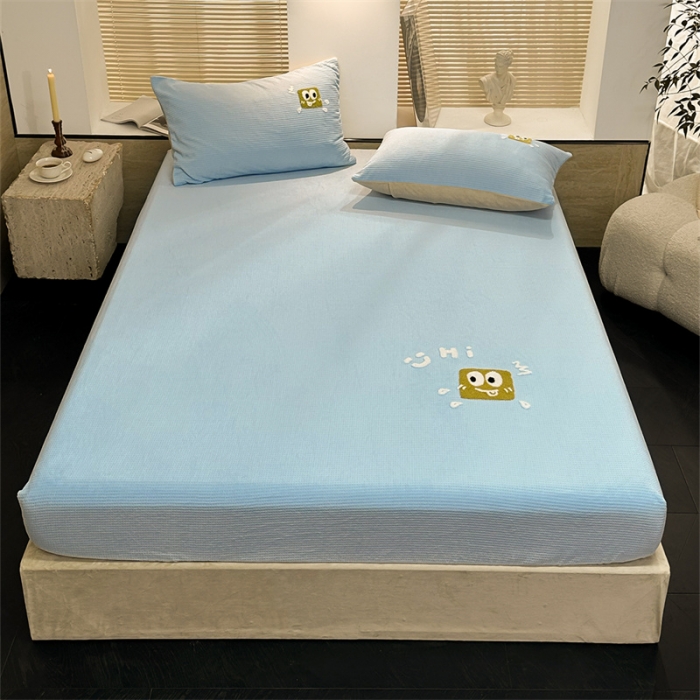 91家纺网 家纺一手货源 找家纺 洋铭区（原狠狠爱）2023新款华夫格单品绒床笠 华夫格 浅蓝