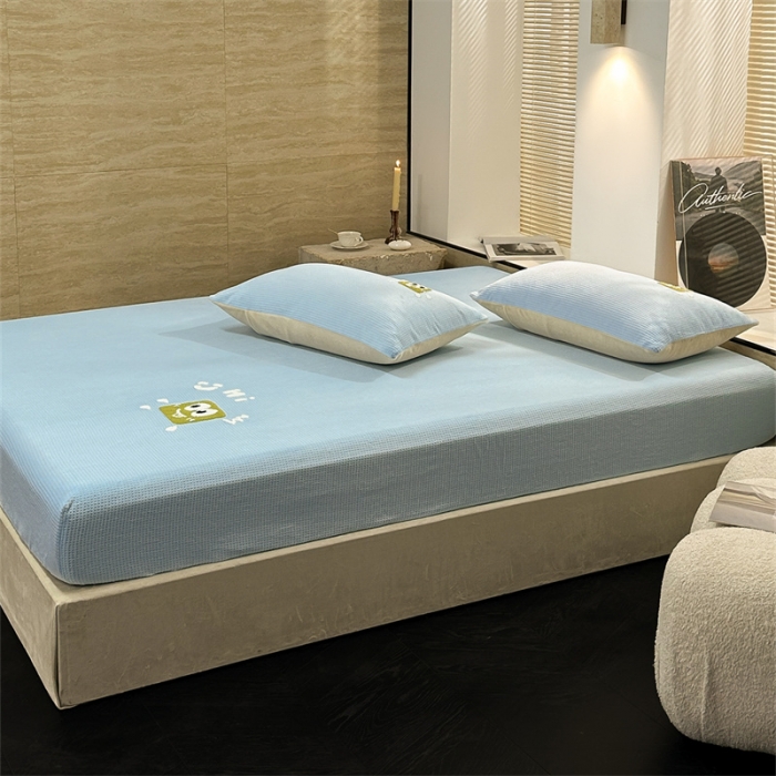 91家纺网 家纺一手货源 找家纺 洋铭区（原狠狠爱）2023新款华夫格单品绒床笠 华夫格 浅蓝