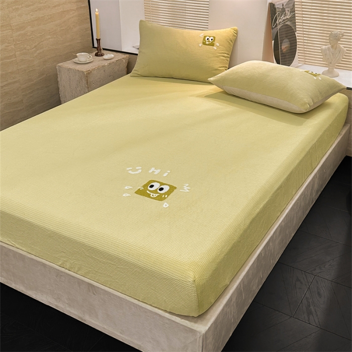 91家纺网 家纺一手货源 找家纺 洋铭区（原狠狠爱）2023新款华夫格单品绒床笠 华夫格 暖阳绿