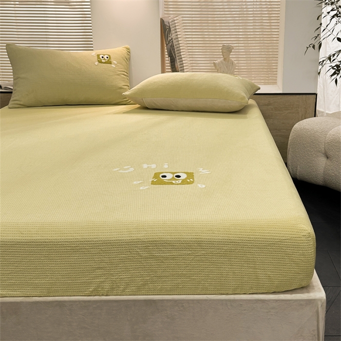 91家纺网 家纺一手货源 找家纺 洋铭区（原狠狠爱）2023新款华夫格单品绒床笠 华夫格 暖阳绿