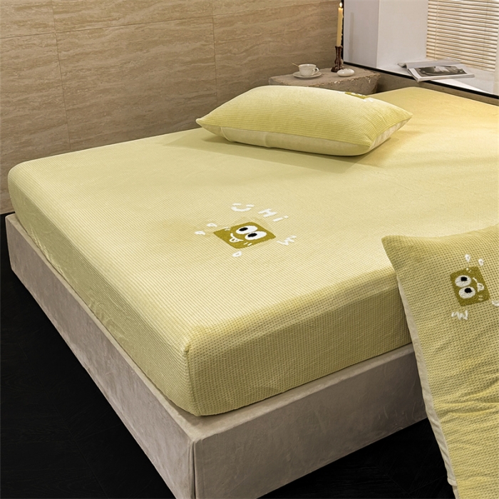 91家纺网 家纺一手货源 找家纺 洋铭区（原狠狠爱）2023新款华夫格单品绒床笠 华夫格 暖阳绿