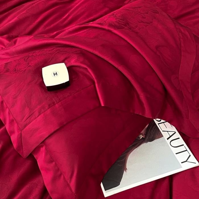 91家纺网 家纺一手货源 找家纺 魅都 100s长绒棉提花大拼角四件套 国色牡丹-酒红