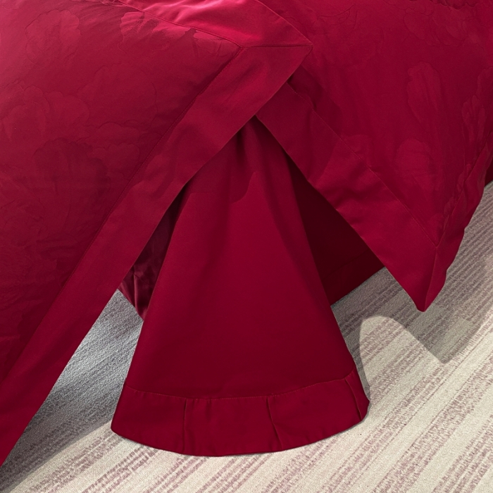 91家纺网 家纺一手货源 找家纺 魅都 100s长绒棉提花大拼角四件套 国色牡丹-酒红