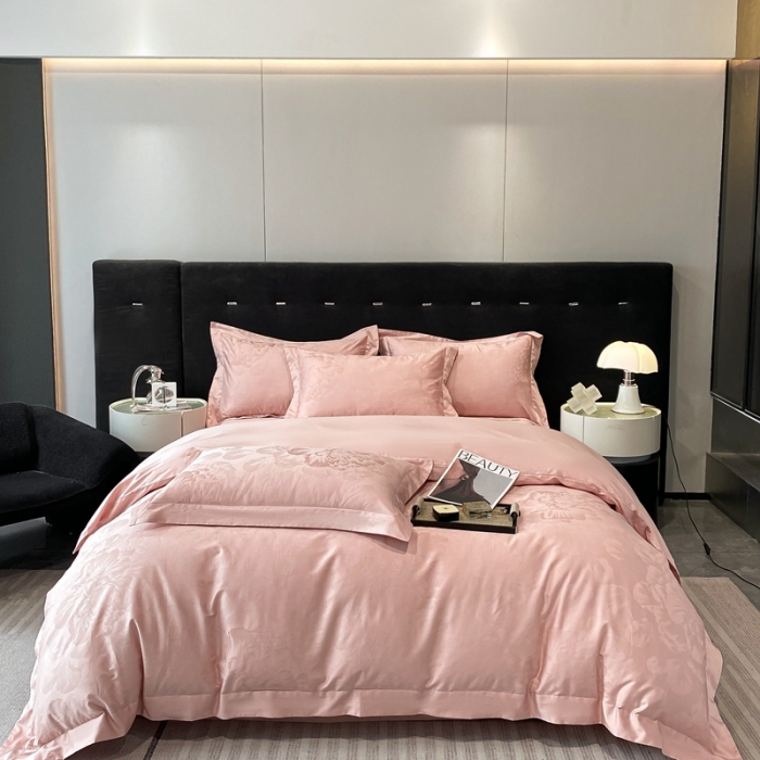 91家纺网 家纺一手货源 找家纺 魅都 100s长绒棉提花大拼角四件套 国色牡丹-雅粉