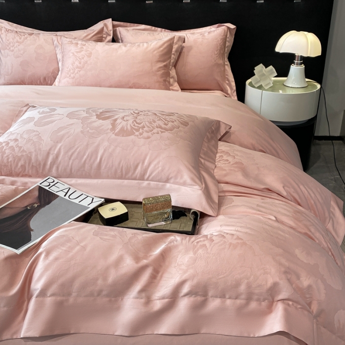 91家纺网 家纺一手货源 找家纺 魅都 100s长绒棉提花大拼角四件套 国色牡丹-雅粉