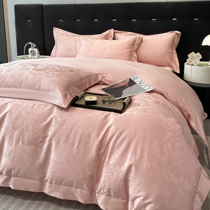 91家纺网 家纺一手货源 找家纺 魅都 100s长绒棉提花大拼角四件套 国色牡丹-雅粉