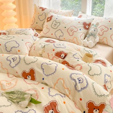 91家纺网 家纺一手货源 找家纺 柠馨 2023新款13376全棉Ins博主风四件套 萌宠熊